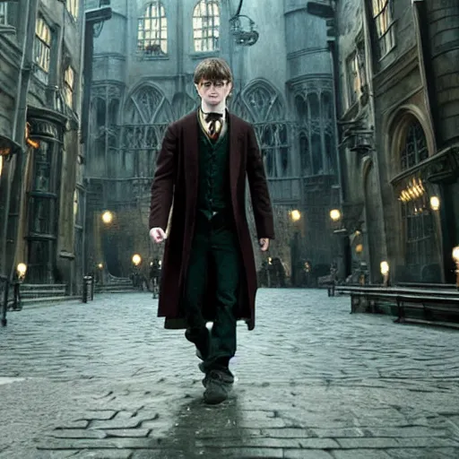 Image similar to Daniel radcliffe as harry potter, epic wide shot, cinematic shading, widescreen, motion blur, warm colors, directed by Christopher Nolan and Asher Duran