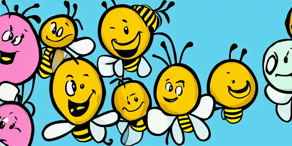 Prompt: Bees with facial expressions smiling laughing crying bees cartoon style