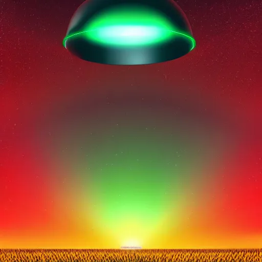 Image similar to digital art painting of a UFO glowing with red green and blue lights above an empty corn field at night, mysterious, sci fi, alien, extraterrestrial, trending on artstation cgsociety,