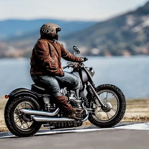 Prompt: Gray bully dog riding a motorcycle