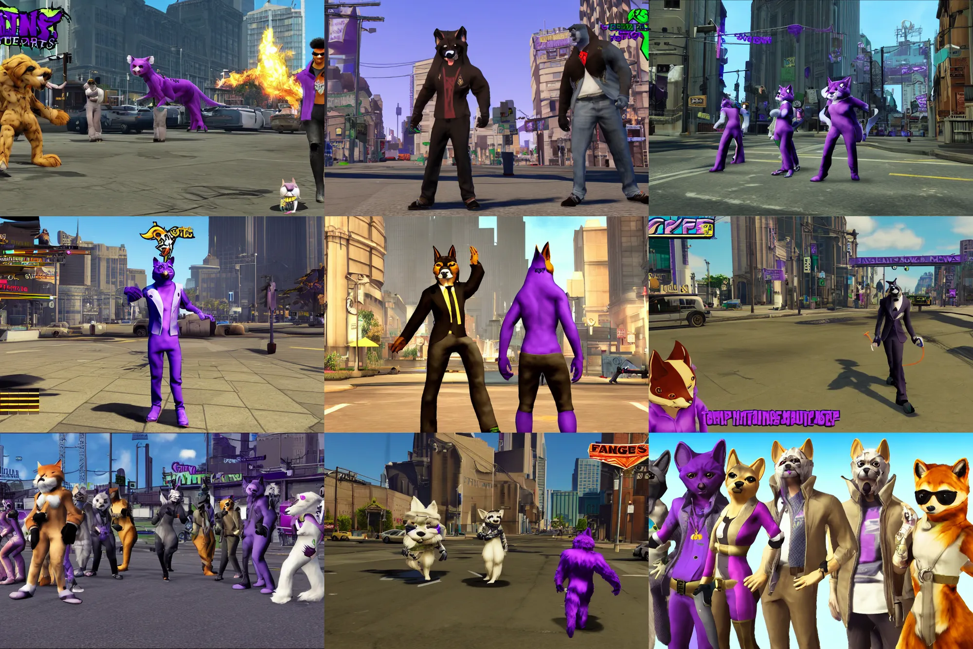Prompt: screenshot, saints row fursuit tails mod, furries wearing tails, referencing city of villains pc game