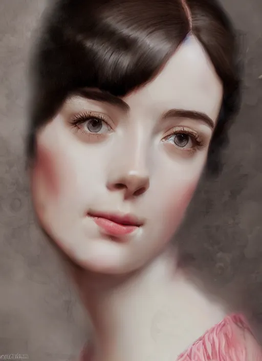 Image similar to a photograpic portrait of young woman, pride and prejudice, realistic, with kind face, dark hair, georgian dress, intricate, elegant, highly detailed, digital painting, smooth, sharp focus