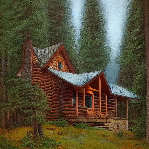 Prompt: a cabin in the woods by james gurney