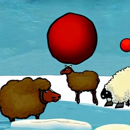 Image similar to cartoon drawing of a seal tossing a red ball with a sheep in antarctica. the seal's head is sticking out above the water and the sheep is standing near the edge of ice