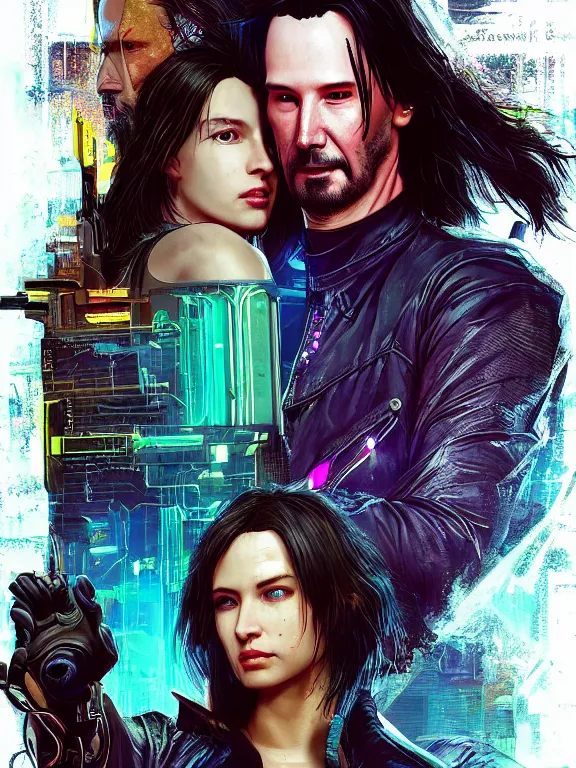 Prompt: a cyberpunk 2077 portrait of Keanu Reeves and V began a love story , electric cable , giant computer,film lighting,by laurie greasley,Lawrence Alma-Tadema,William Morris,Dan Mumford,trending on atrstation,FAN ART,full of color,Digital painting,face enhance,highly detailed,8K, octane,golden ratio,cinematic lighting