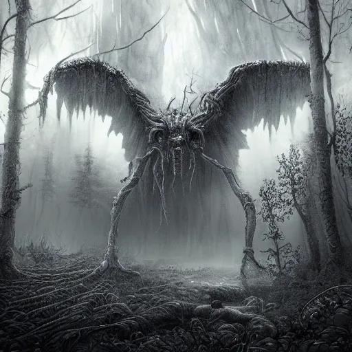 Prompt: massive scale, super detailed, ring wraith, gloomy, dark, emotional fantasy illustration, insanely detailed, in a deep forest, intricate, plastic surface, matte painting, unreal engine, black paper, intricate and black and silver line work, god rays