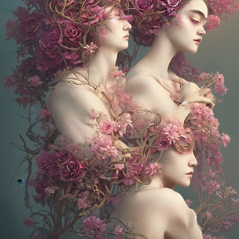 Image similar to breathtaking detailed concept art painting art deco portrait of gaea the goddess amalgamation flowers, by hsiao - ron cheng, bizarre compositions, exquisite detail, extremely moody lighting, 8 k