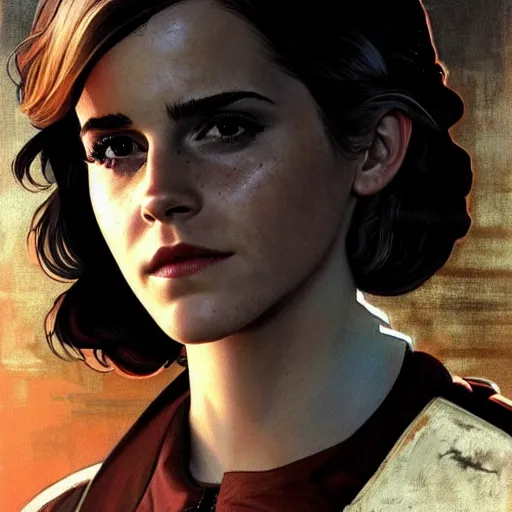 Prompt: Emma Watson as a synth in Fallout 4, gorgeous, beautiful, intricate, highly detailed, digital painting, artstation, oppressive lighting, concept art, sharp focus, illustration, art by greg rutkowski and alphonse mucha