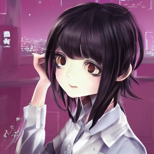 Image similar to luxury advertisement, astonishing portrait of a very beautiful anime schoolgirl with black bob hair in style of cytus and deemo, full perfect face, she is dancing, set in Half-life. Realistic, highly detailed background, artstation, 120 degree view, drawn by Sasoura, Satchely and Akihiko Yoshida, no distortion