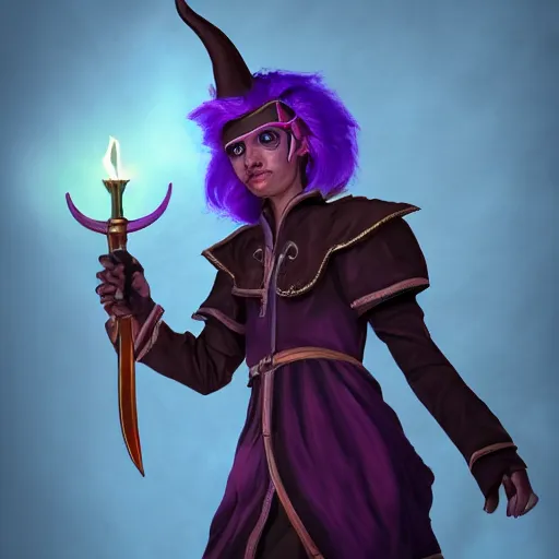 Image similar to an oil art close up portrait of young tiefling mage with purple magic in style of disco elysium character, bard jester character design from critical role, 4 k, ultra detail, volumetric lighting, unreal engine, octane render
