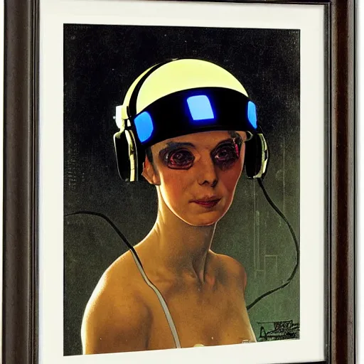 Prompt: portrait of a cyberpunk woman with helmet and glowing goggles, by norman rockwell