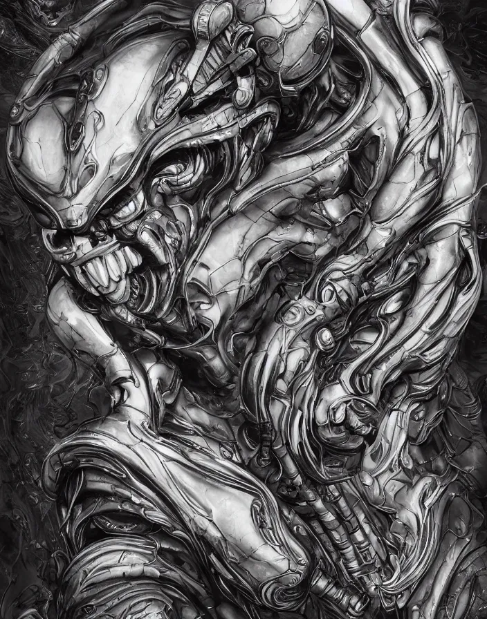 Image similar to engineer prometheus face by Artgerm, xenomorph alien, highly detailed, symmetrical long head, smooth marble surfaces, detailed ink illustration, raiden metal gear, cinematic smooth stone, deep aesthetic, concept art, post process, 4k, carved marble texture and silk cloth, latex skin, highly ornate intricate details, prometheus, evil, moody lighting, hr geiger, hayao miyazaki, indsutrial Steampunk