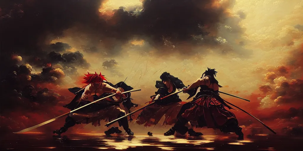 Image similar to baroque oil painting of key visual large samurai battle, rain, brutalist fantasy, rule of thirds golden ratio, fake detail, trending pixiv fanbox, acrylic palette knife, style of makoto shinkai takashi takeuchi yoshiyuki sadamoto greg rutkowski chiho aoshima