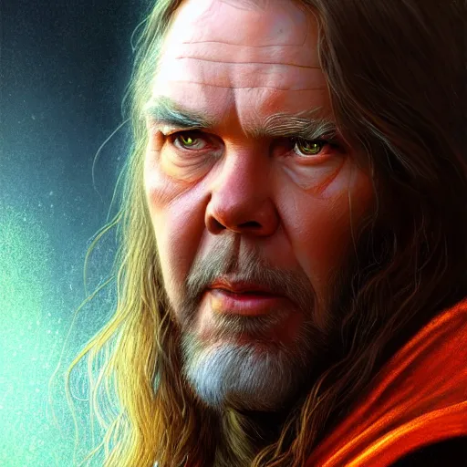 Image similar to glorious full head portrait of Neil Young as Thor, fantasy, intricate, elegant, digital painting, trending on artstation, concept art, sharp focus, illustration by Gaston Bussiere and artgerm, 4k.