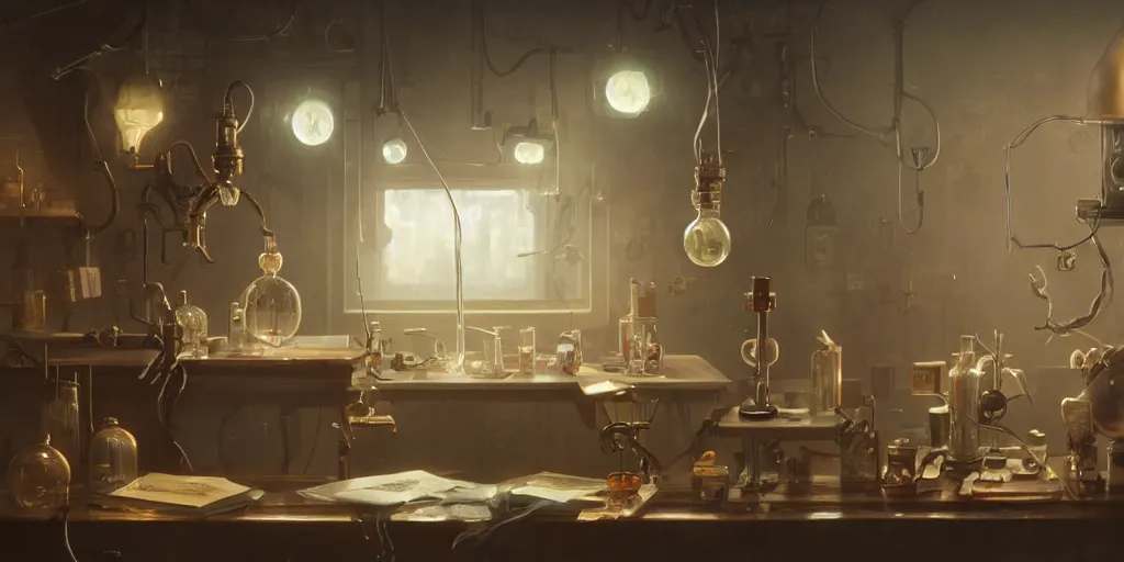 Prompt: humanoid rat in a laboratory sitting at a desk with lots of flasks filled with magic liquids and poisonous fog, stephen bliss, unreal engine, fantasy art by greg rutkowski, loish, rhads, ferdinand knab, ilya kuvshinov, rossdraws, tom bagshaw, global illumination, radiant soft light, detailed and intricate environment