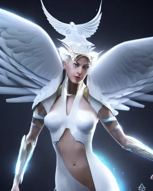 Prompt: perfect white haired attractive egyptian goddess with huge white dove wings, warframe armor, beautiful, symmetric, charlize theron, half asian, pretty face, blue eyes, cyborg, scifi platform, laboratory, experiment, 4 k, ultra realistic, epic lighting, android body, illuminated, cinematic, masterpiece, art by akihito tsukushi, voidstar