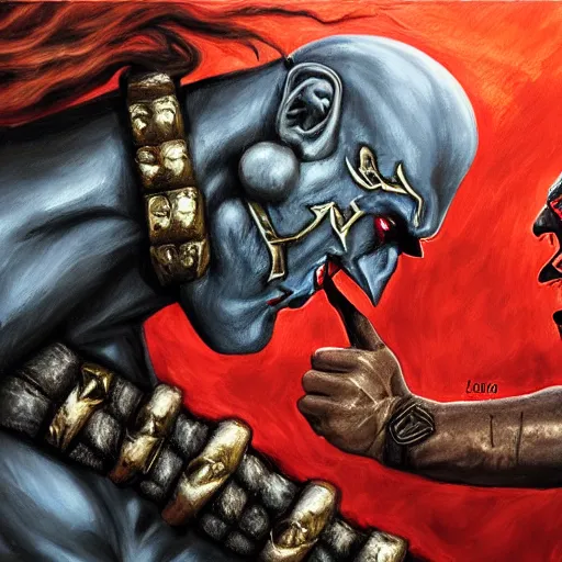 Image similar to kotal khan and quan chi from mortal kombat kissing, love wins, beautiful oil painting