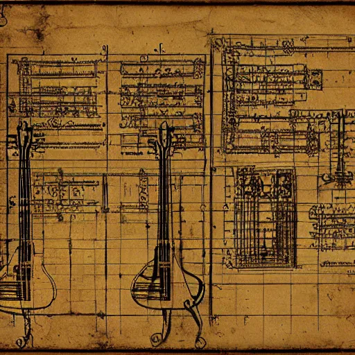 Image similar to leonardo da vinci intricate full page scan blueprint of a looper music equipment