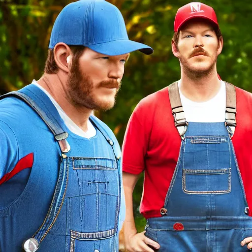 Prompt: Chris Pratt with a big mustache, blue overalls, a red shirt, and a red hat with the letter m, photo, 4k, wide angle