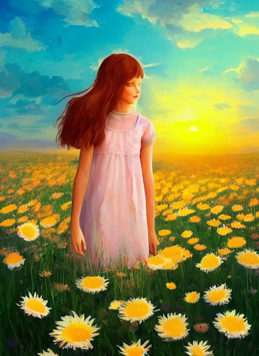 Image similar to girl face made of giant daisies, standing in a flower field, holding flowers, surreal photography, sunset dramatic light, impressionist painting, colorful clouds, large sky, digital painting, artstation, simon stalenhag