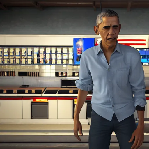 Prompt: barack obama wearing ripped jeans at a gas station, unreal engine, highly detailed render, 8 k