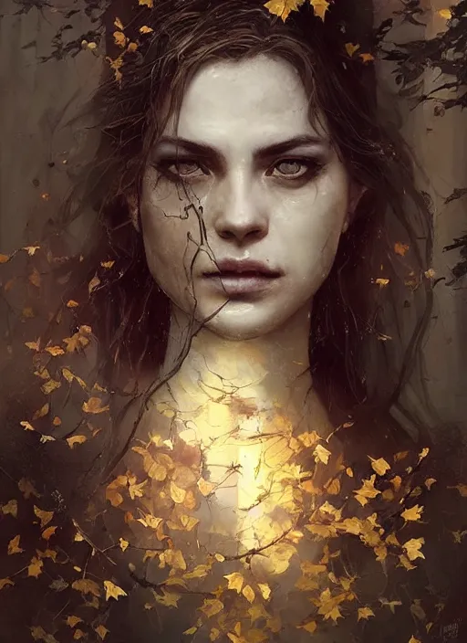 Prompt: golden leaves at frame border, creative!!! composition for a book cover, moon, beautiful portrait painting by jeremy mann, a female witch beautiful, ultrafine hyperrealistic detailed face by wlop and artgerm and greg rutkowski, intricate linework, sharp focus, smooth, octopath traveler, final fantasy, unreal engine, dramatic lighting, ethereal, 8 k