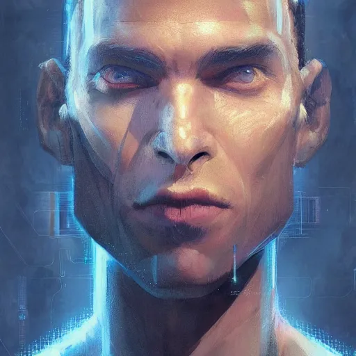 Image similar to Portrait of a man by Greg Rutkowski, symmetrical face, a young man using a VR headset, with a crooked smile, highly detailed portrait, scifi, digital painting, artstation, book cover, cyberpunk, concept art, smooth, sharp foccus ilustration, Artstation HQ