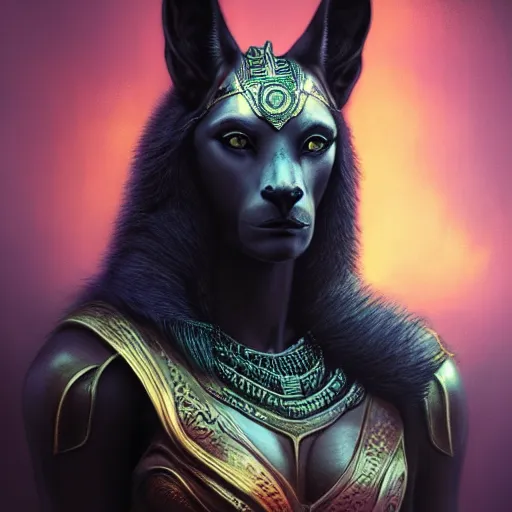 Image similar to majestic gracious anubis female warrior portrait, menacing, atmospheric lighting, painted, menacing, overpowering, intricate, volumetric lighting, beautiful, rich deep colours masterpiece, golden hour, sharp focus, ultra detailed, by leesha hannigan, ross tran, thierry doizon, kai carpenter, ignacio fernandez rios