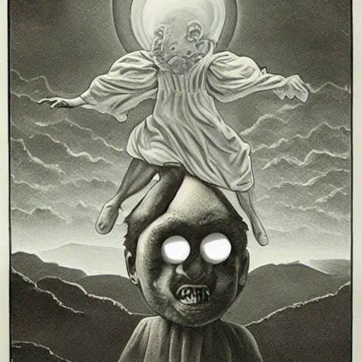 Prompt: God watching mankind from above and laughing, analog horror