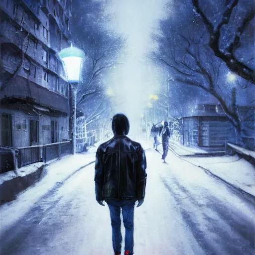 Prompt: beautiful snow - covered victor tsoi korean young man from back pacing in alley with street lamps in park with pines, dressed in leather jacket, night, 1 9 8 0 s mullet haircut, half - length portrait, perfect symmetrical eyes, cinematic by peter mohrbacher, detailed, hyperrealism, igla, volumetric lighting