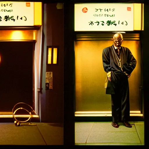 Image similar to old black man in tokyo at night, wearing gold chain, gold rings, cinestill 8 0 0,