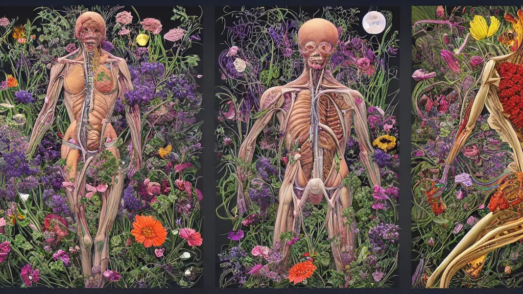 Image similar to highly detailed illustration of a human anatomy body exploded by all the known species of flowers by juan gatti, by makoto shinkai, by moebius!, by oliver vernon, by joseph moncada, by damon soule, by manabu ikeda, by kyle hotz, by dan mumford, by kilian eng