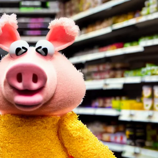 Prompt: muppet pig wearing a gold crown shopping at a grocery store 8k