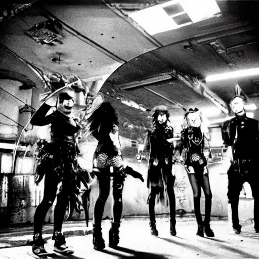 Prompt: electropunk cybergoth band performing in a vast underground bunker, berlin 1 9 8 2, grainy high contrast black and white