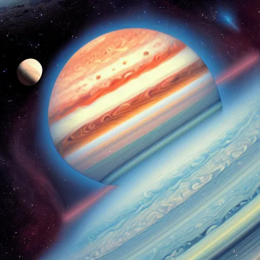 Image similar to very detailed photoillustration of a science fiction spaceship cruising through space, with Jupiter in the background, book cover art, masterpiece