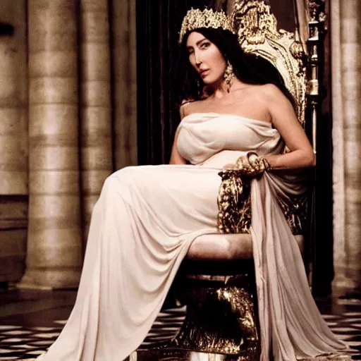 Prompt: Monica Bellucci as a Goddess sitting on a throne