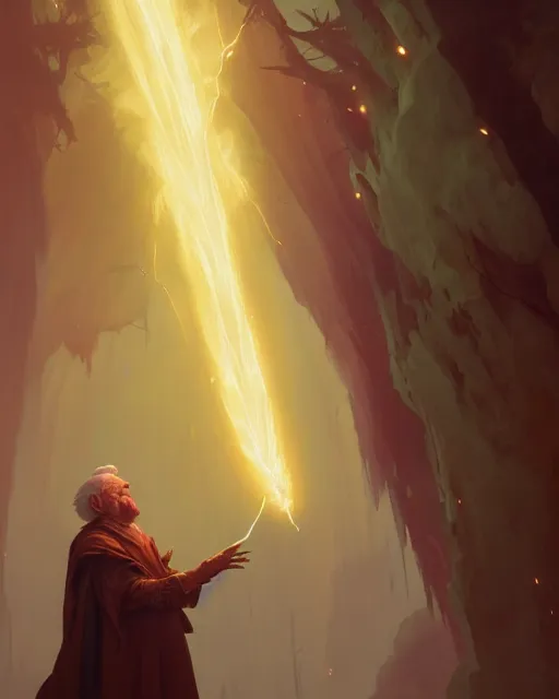 Image similar to highly detailed vfx portrait of an old mage casting a light spell, unreal engine, greg rutkowski, loish, rhads, beeple, makoto shinkai and lois van baarle, ilya kuvshinov, rossdraws, tom bagshaw, alphonse mucha, global illumination, detailed and intricate environment