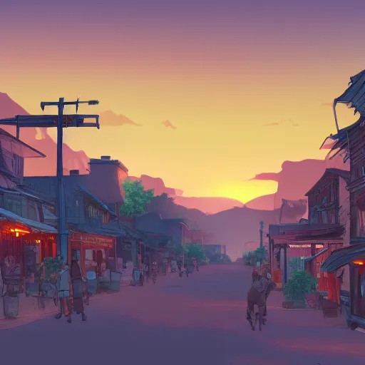 Prompt: a western town at sunset illustration of a picture of a western town at sunset royalty, a digital rendering by Studio Ghibli, shutterstock contest winner, ashcan school, 2d game art, playstation 5 screenshot, matte drawing