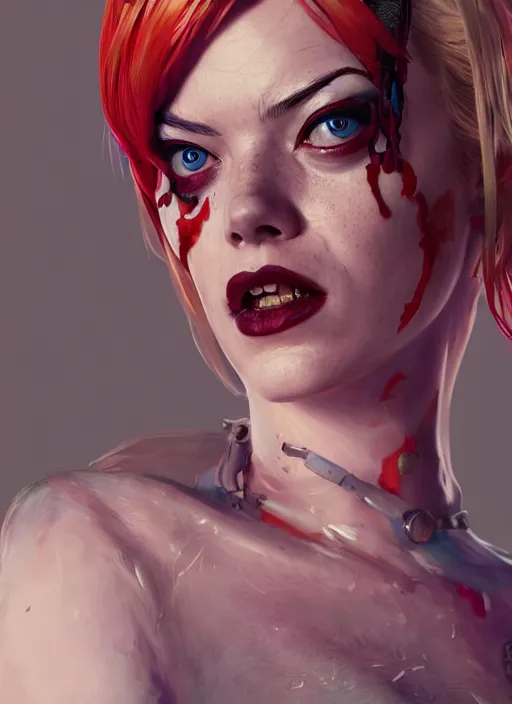 Image similar to biopunk portrait of emma stone as harley quinn, hyper detailed, digital art, trending in artstation, cinematic lighting, studio quality, smooth render, unreal engine 5 rendered, octane rendered, art style by klimt and nixeu and ian sprigger and wlop and krenz cushart.