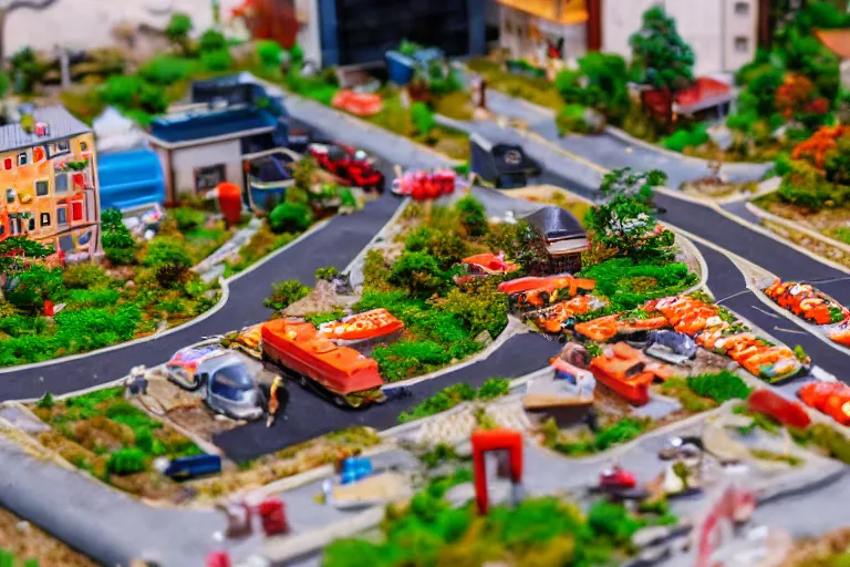 Image similar to miniature town made of sushi, diorama picture, 5 5 mm, sushitown