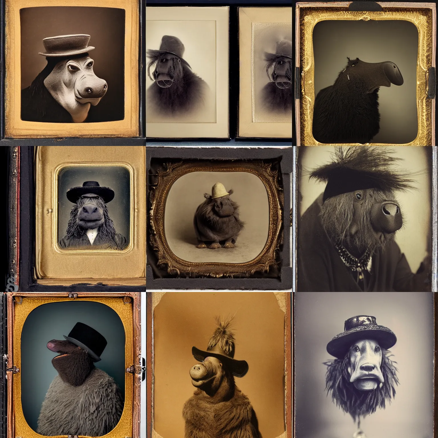 Prompt: commemorative 3 5 mm portrait of beloved feather - covered shaggy hippo - crow entity with a fetching hat, tintype, tonalist, studio lighting, romanticism, hand - tinted