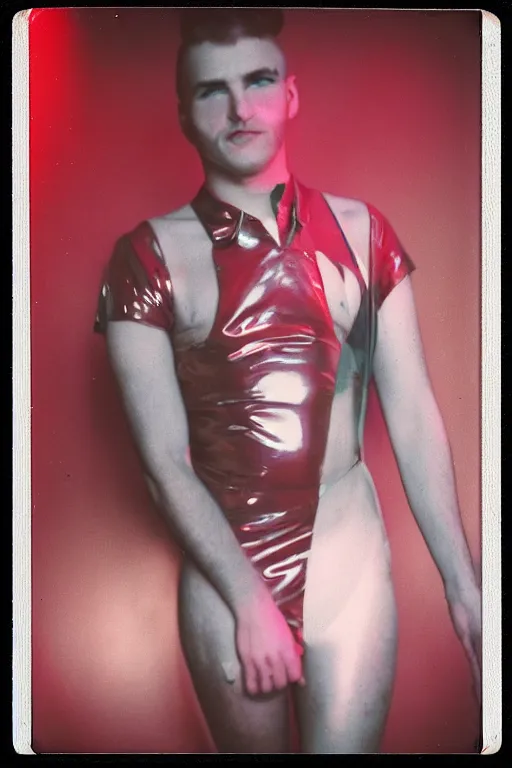 Prompt: analog vintage photography portrait polaroid of a beautiful gay man from the 7 0 s in latex gear, bright light, lensflare, reflection, red color bleed, heavy film grain, bloom, glow