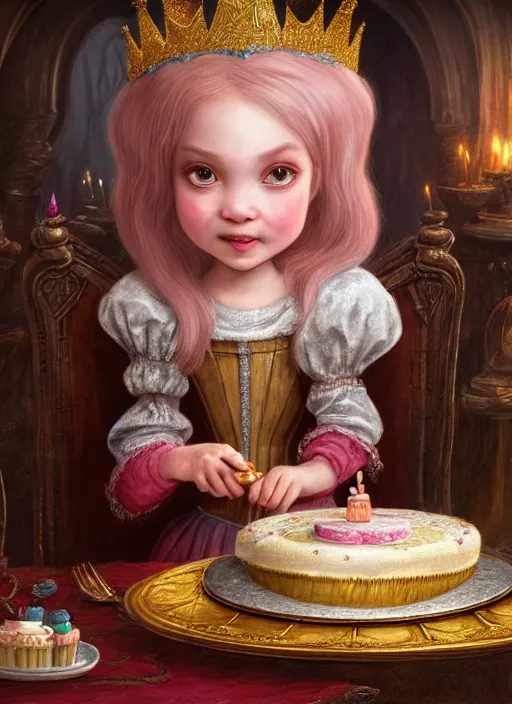 Image similar to highly detailed closeup portrait of a grinning fairytale medieval princess eating birthday cake, unreal engine, nicoletta ceccoli, mark ryden, lostfish, earl norem, global illumination, god rays, detailed and intricate environment