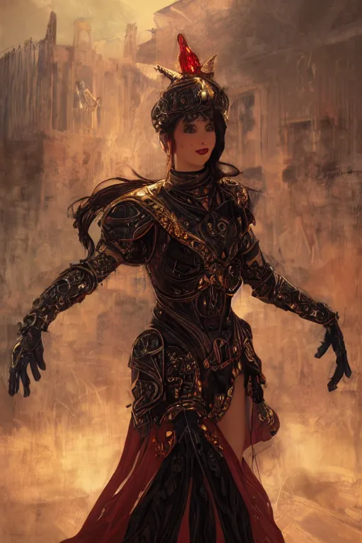 Image similar to portrait knights of Zodiac girl+smoky eyes, black and red reflected armor, in ruined Agora of Athens, black magic night, ssci-fi, fantasy, intricate, very very beautiful, elegant, golden light, highly detailed, digital painting, artstation, concept art, smooth, sharp focus, illustration, art by tian zi and WLOP and alphonse mucha