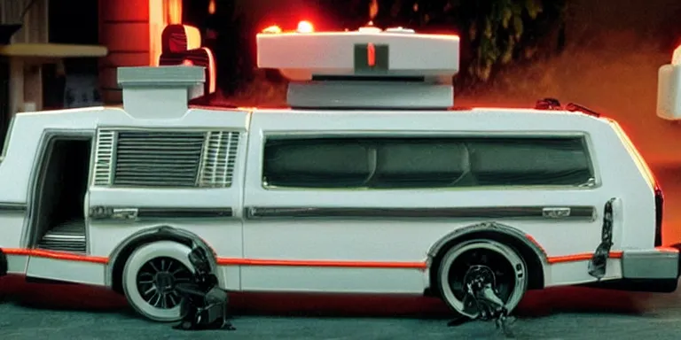 Image similar to Photorealistic cinematography of the rear of a the “Back To The Future Time Machine” from the film “Back To The Future” reversing down a ramp out of Doc Browns “1984 white GMC Value Van” at night + filmed on location at ultra photorealistic “Back To The Future” “Twin Pines Mall” parking lot Set located at Puente Hills Mall, 1600 South Azusa Avenue, City of Industry, California At night By “Back To The Future” Cinematographer Dean Cundey at night 5