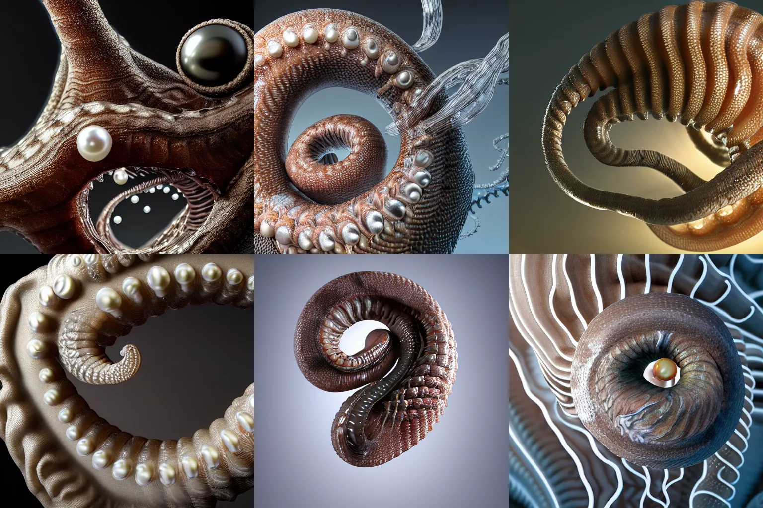 Prompt: incredibly realistic, too detailed sculpture, biomechanical deepsea lamprey medusa, made of lab tissue, carbon fibers, real pearls, jellyfish gelatin, octane render, bump mapping, macro image, global illumination, 8 k, bokeh