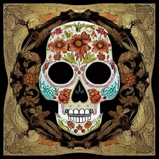 Prompt: art nouveau day of the dead skull, 4k, very detailed