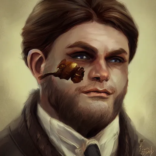 Image similar to Brown haired halfling oil portrait, middle aged, dandy elegant fop diminutive by Anato Finnstark, Tony Sart highly detailed, artgerm, digital illustration, concept art