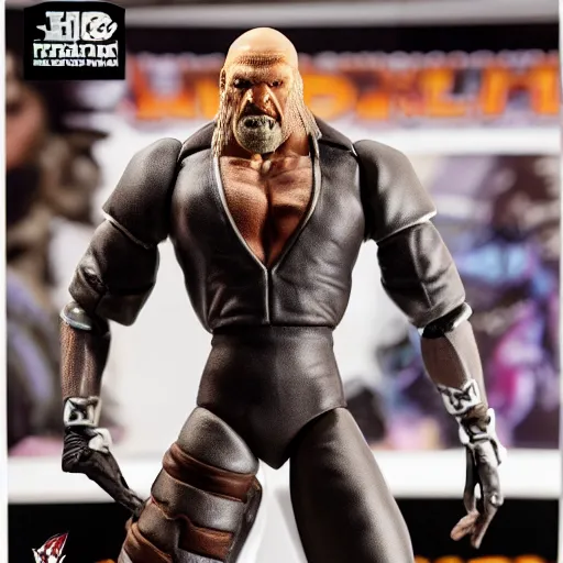 Prompt: Full body shot of a highly detailed flexible Triple H vinyl figurine as a villain, white background, 3d, high quality, depth of field, high contrast, 8k, concept art, smooth, sharp focus, highly detailed, wrestling, WWE
