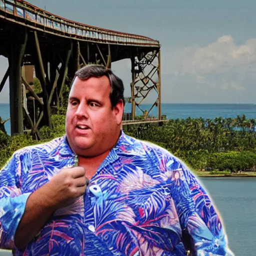 Image similar to oversized gigantic huge chris christie in a hawaiian shirt sitting on top of a bridge, blocking traffic. ap photo. bizarre, surreal photoshop. impossible proportions